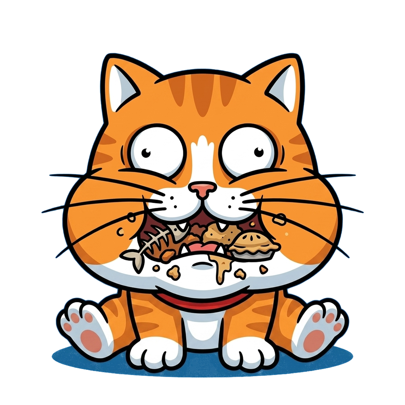 Orange tabby cat mascot sitting wild-eyed with stuffed cheeks