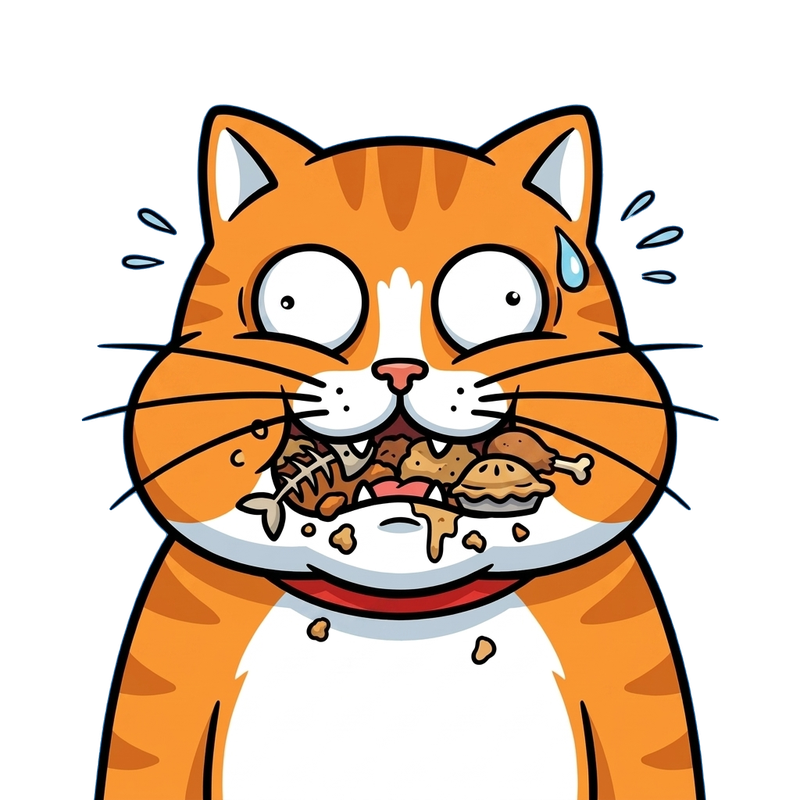 Orange tabby cat in maximum overflow greed state